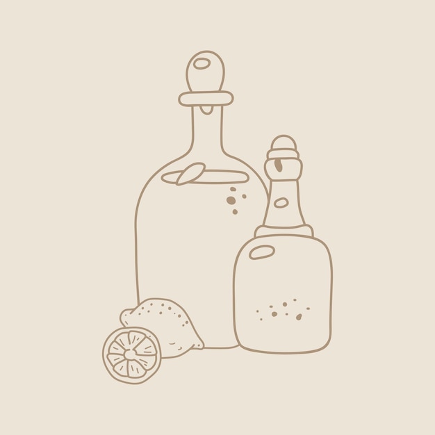 Icona di cibo disegnato a mano di bottiglie di vetro con aceto per ricette e menu del ristorante.