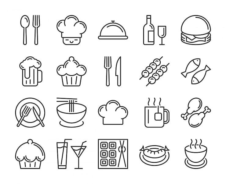 Vettore icona di cibo e bevande. set di icone di linea ristorante. colpo modificabile, pixel perfetto.