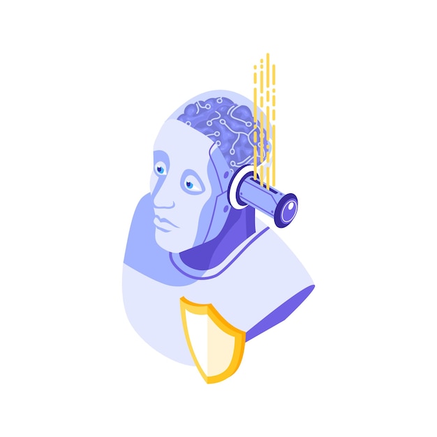 Icona di concetto isometrico di sicurezza informatica con personaggio robotico e illustrazione dello scudo