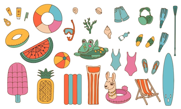 Icona di contorno estivo Set di accessori da spiaggia vettori icone per il web Vacanze tropicali Illustrazione vettoriale