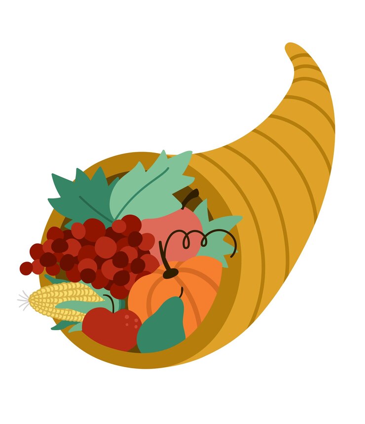 Vettore icona di cornucopia vettoriale disposizione di frutta e verdura simpatico raccolto e simbolo di ricchezza con mele zucca e carote autunno thanksgiving day corno clipart stagione autunnale raccolto illustrazione xa