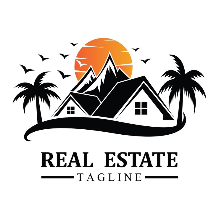 Icona di design del logo immobiliare con sole e uccello