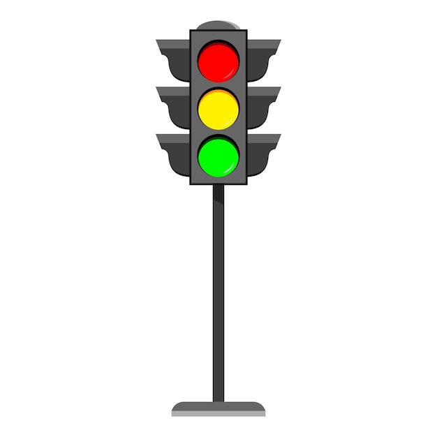 Icona di design piatto semaforo in piedi Tipici segnali stradali orizzontali con luce rossa, gialla e verde.