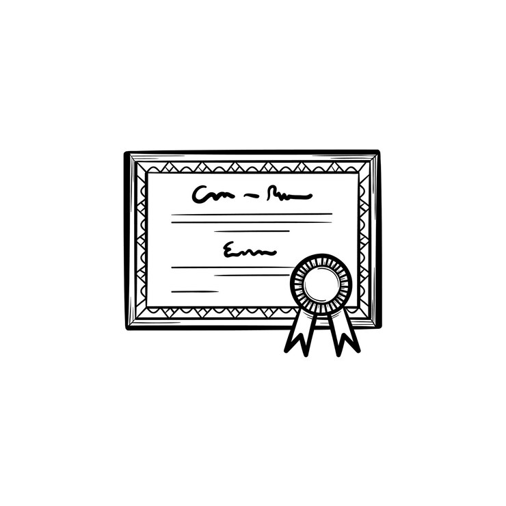 Vettore icona di doodle di contorno disegnato a mano certificato di laurea. diploma con illustrazione di schizzo vettoriale rosetta premio per stampa, web, mobile e infografica isolato su priorità bassa bianca.
