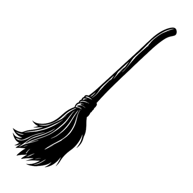 Icona di doodle disegnato a mano del manico di scopa della strega su priorità bassa bianca