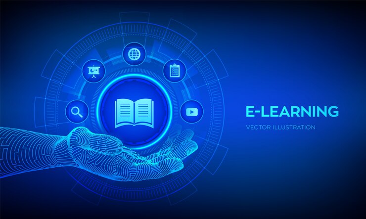 Vettore icona di e-learning in mano robotica. formazione online innovativa e concetto di tecnologia internet.