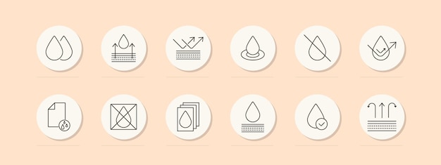 Icona di impostazione dell'umidità Gocce resistente all'acqua assorbente impermeabile non assorbente controllo dell'umido concetto di materiale tessile icone di linea vettoriale su sfondo beige