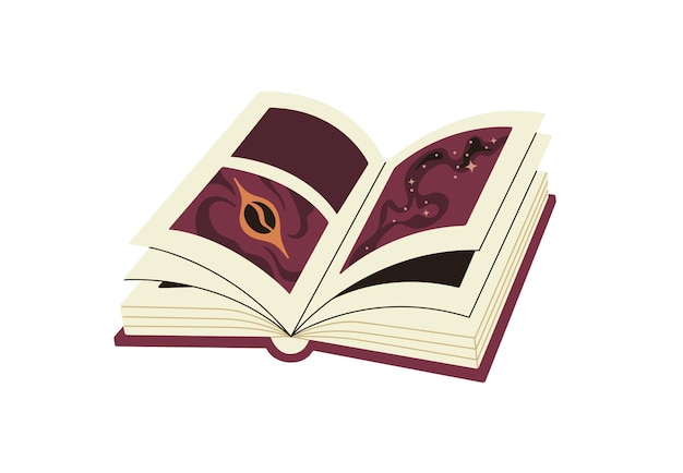 Icona di libro di carta aperta con immagini su avventure spaziali romanzi di narrativa storie mistiche sul cosmo concetto di lettura di letteratura fantasy sci fi illustrazione vettoriale isolata piatta su bianco