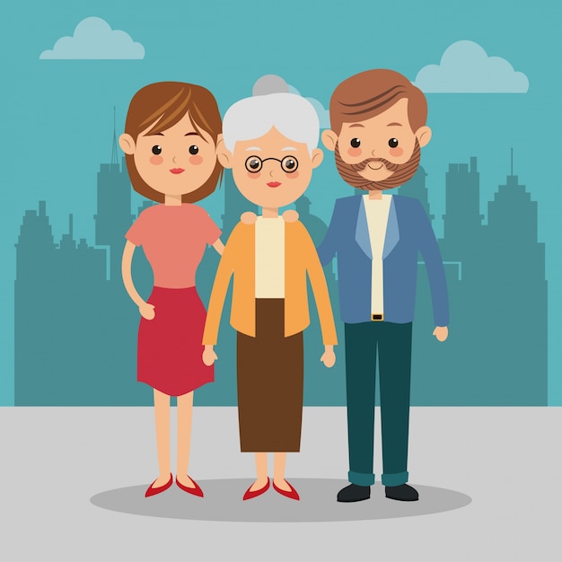 Icona di nonna e genitori. Famiglia. Paesaggio della città