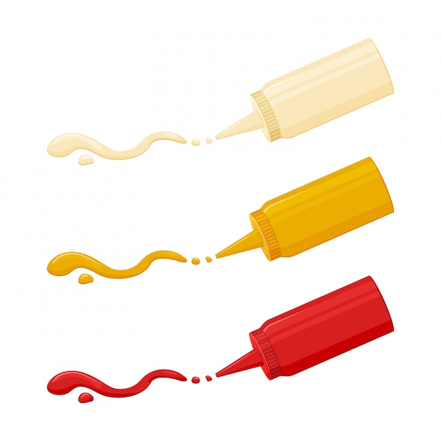 Icona di salsa, maionese, senape e ketchup. Salsa piccante speziata confezionata in bottiglia di plastica.