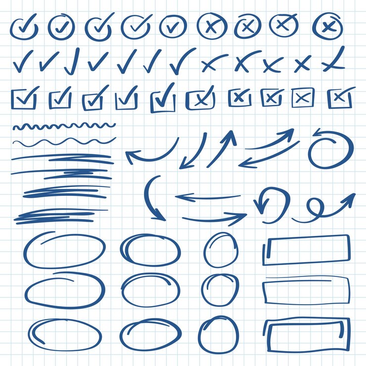 Vettore icona di segno di spunta in stile disegnato a mano handmade doodle illustrazione vettoriale su sfondo isolato cerchi incrociati freccia segno segno concetto di business
