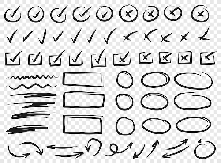 Vettore icona di segno di spunta in stile disegnato a mano handmade doodle illustrazione vettoriale su sfondo isolato cerchi incrociati freccia segno segno concetto di business