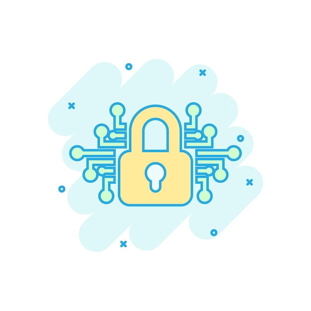 Icona di sicurezza informatica in stile fumetto lucchetto vettoriale bloccato illustrazione di cartone animato su sfondo bianco isolato password chiusa concetto di business splash effect
