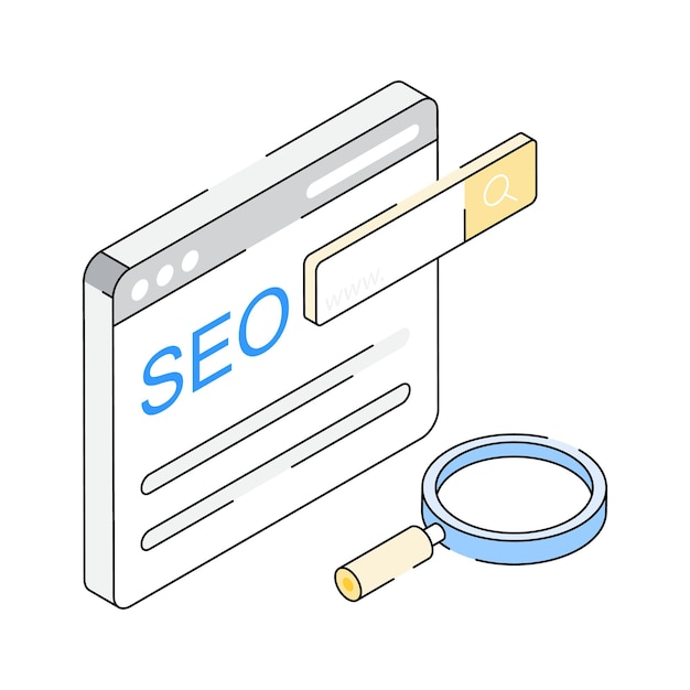 Icona di stile isometrico alla moda che mostra le funzionalità di ricerca SEO