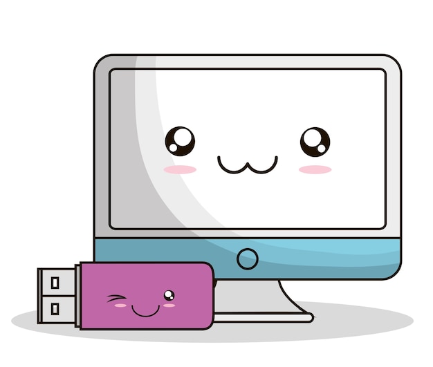 icona di tecnologia sorridente del fumetto del computer kawaii del usb