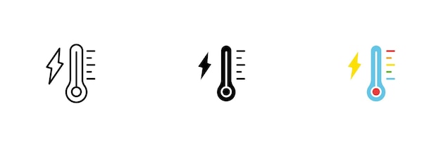 Icona di un termometro con un fulmine Temporale pioggia frontale pioggia battente Insieme vettoriale di icone in linea nera e stili colorati isolati su sfondo bianco