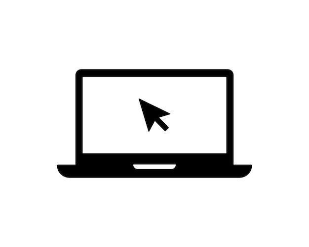 Icona di vettore del computer portatile. Computer con il simbolo del puntatore del mouse clic isolato su priorità bassa bianca. Eps vettoriale 10