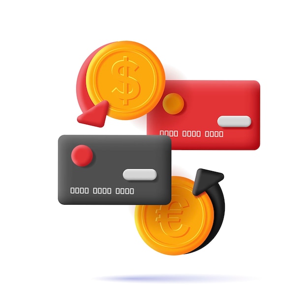 Icona digitale 3d di carte di credito con monete d'oro di euro e dollaro con frecce per lo scambio di vettore