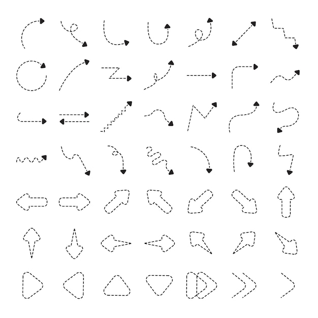 Icona freccia set linea tratteggiata nera Set vettore freccia sfondo isolato