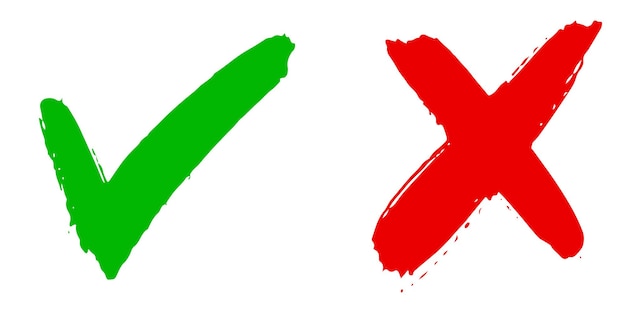 Icona giusta e sbagliata. disegnato a mano di segno di spunta verde e croce rossa isolati su sfondo bianco. Illustrazione di vettore.