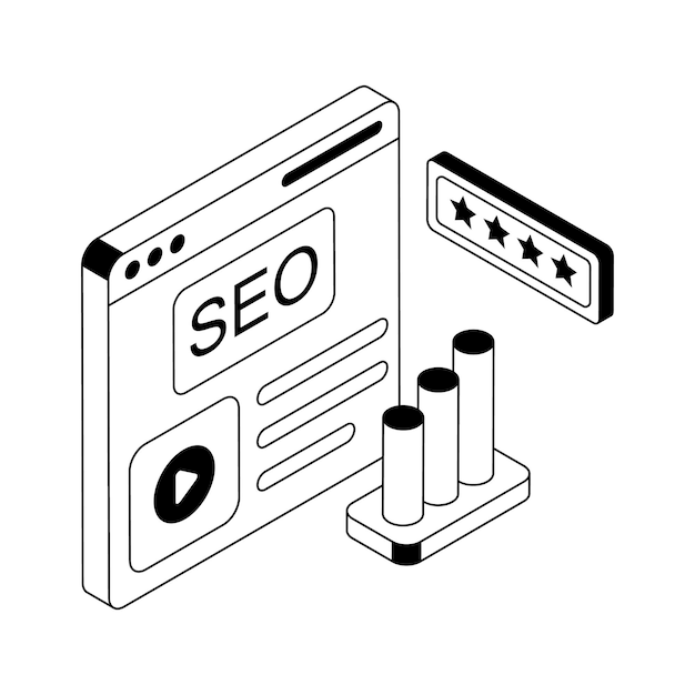 Icona isometrica visivamente coinvolgente che raffigura il processo di analisi SEO avanzato