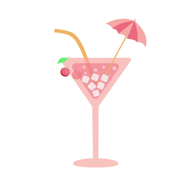 Icona o segno rosa del cocktail. Bicchiere da Martini con ciliegia, ombrellone e cannuccia.