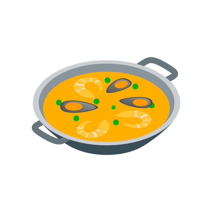 Vettore icona paella in stile 3d isometrico su sfondo bianco pasto tradizionale spagnolo con riso e frutti di mare