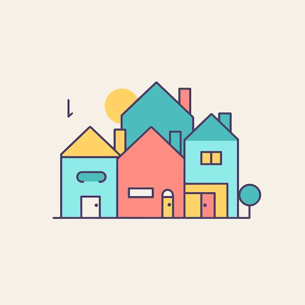 Icona piana di vettore di un quartiere soleggiato con case colorate