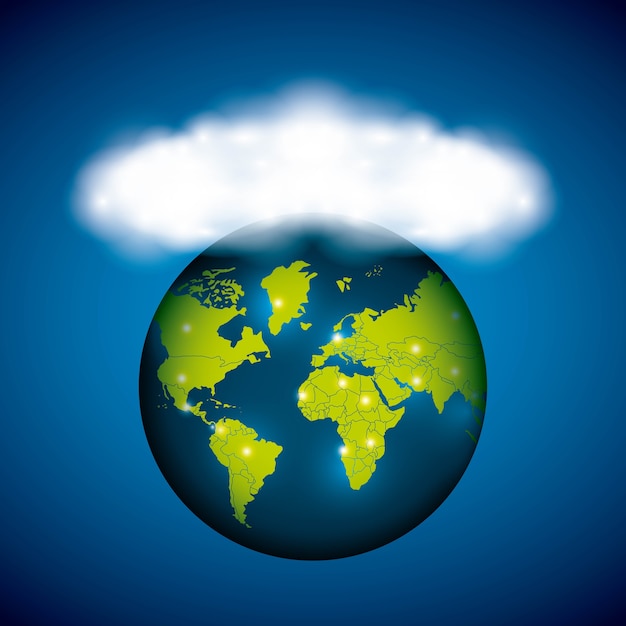 Icona pianeta e nuvola. Progettazione della comunicazione globale. Grafico vettoriale
