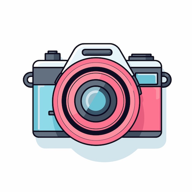 Icona piatta vettoriale di una fotocamera con obiettivo rosa su sfondo bianco pulito