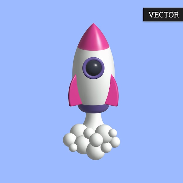 Icona razzo 3d in stile cartone animato Lancio di astronave con fumo
