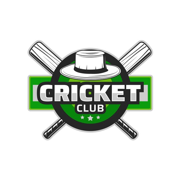 Icona retrò del club di cricket con mazze incrociate e cappello Adesivo della squadra della lega professionistica sport gioco campionato vettoriale icona rotonda o distintivo dell'annata Simbolo retrò del club di cricket con attrezzature sportive