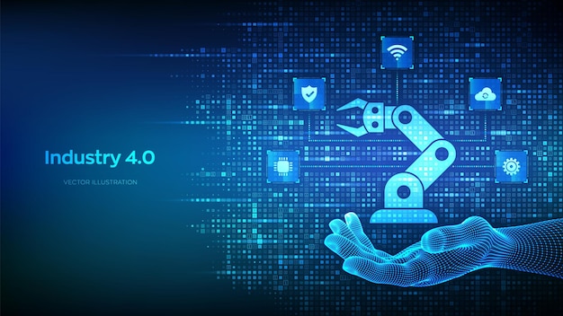 Icona Smart Industry 40 realizzata con codice binario in mano Automazione di fabbrica Icone tecnologiche industriali autonome connessioni Passi delle rivoluzioni industriali Sfondio di codice binario con cifre 10 Vettore