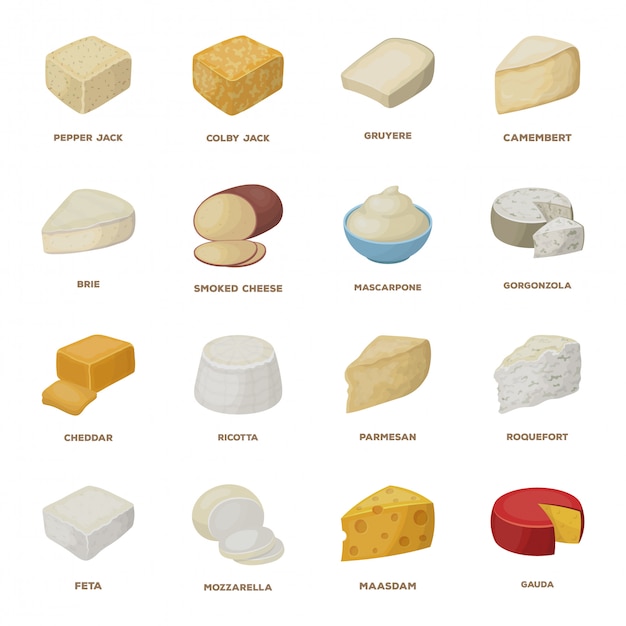 Icona stabilita del fumetto dell'alimento del formaggio. spuntino sano e latte. Alimento stabilito del formaggio dell'icona stabilito fumetto isolato.