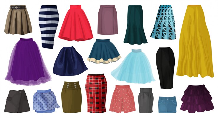 Icona stabilita del fumetto della gonna della donna. Abbigliamento stabilito isolato di modo dell'icona del fumetto.