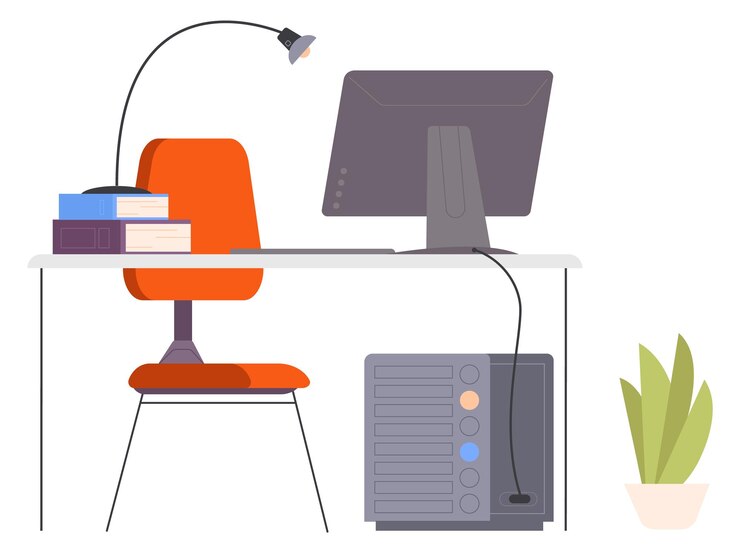 Vettore icona sul posto di lavoro scrivania del computer con libri e lampada
