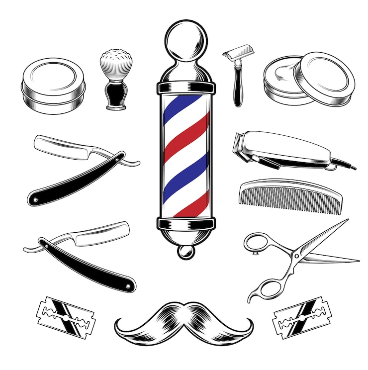 Vettore icona vettoriale del barbiere set di utensili da barbiere vintage con una collezione monocromatica di barbieri classici