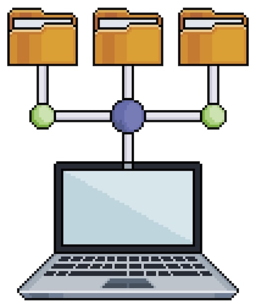 Icona vettoriale per laptop e cartelle di rete Pixel art per gioco a 8 bit su sfondo bianco