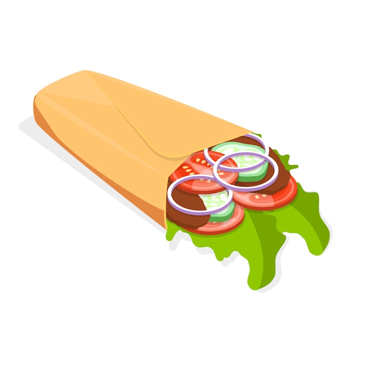 Vettore icona vettoriale piatta isometrica 3d di shawarma sandwich kebab o burrito item 1