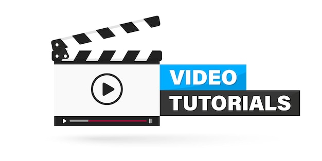Icona video tutorial, emblema, etichetta, pulsante. Ciak con lettore video online in esecuzione. Progettazione di film o cinema online del lettore video ciak. Editor video o produzione cinematografica. Cinema online