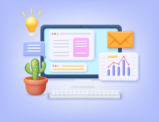 Icone 3D del computer e del lavoro web Illustrazione vettoriale del simbolo della lampada del messaggio di nuova idea, bolla di chat e lettera di busta, pianta di cactus e diagramma, elementi dell'area di lavoro
