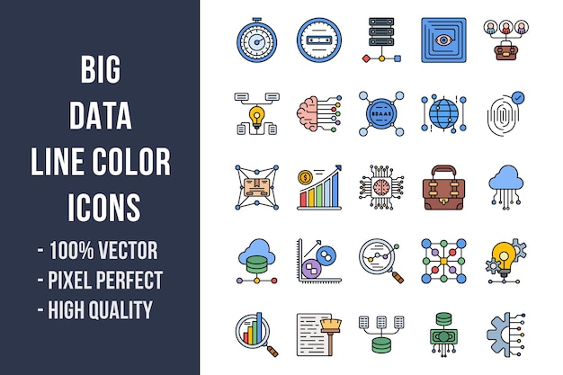 Icone a colori della linea Big Data