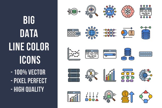 Icone a colori della linea Big Data