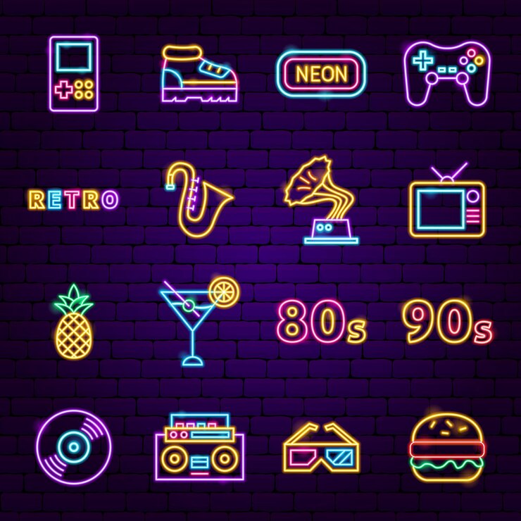 Vettore icone al neon del segno retrò. illustrazione vettoriale di promozione della moda.