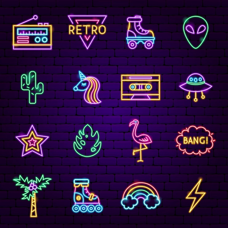 Vettore icone al neon di stile retrò. illustrazione vettoriale di promozione alla moda.