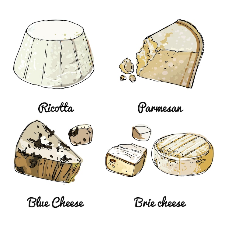 Vettore icone alimentari vettoriali di formaggi schizzo colorato di prodotti alimentari ricotta parmigiano formaggio brie