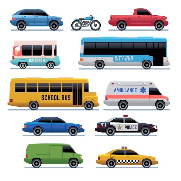 Icone auto. Bus di trasporto pubblico urbano, auto e bici, camion. Simboli dei cartoni animati del veicolo