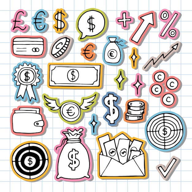 Icone aziendali disegnate a mano Strategia di investimento di denaro finanziario Disegno di schizzi Doodle adesivi