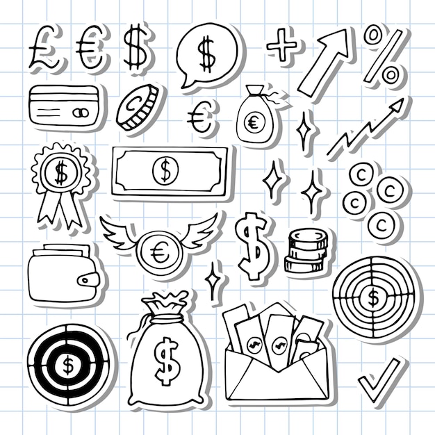 Icone aziendali disegnate a mano Strategia di investimento di denaro finanziario Disegno di schizzi Doodle adesivi
