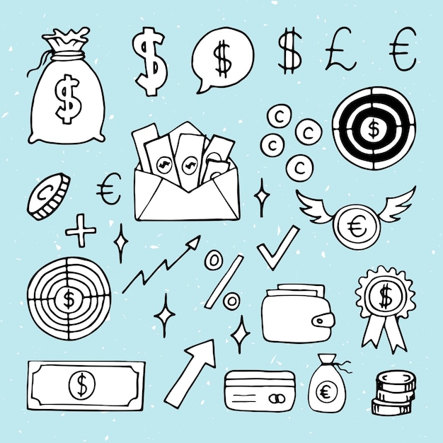 Icone aziendali disegnate a mano strategia di investimento di denaro finanziario progettazione di schizzi Doodle